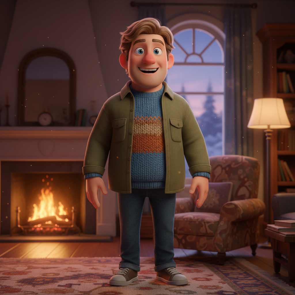 AI Pixar generator result showing a man as a 3D Pixar style animated character in a casual outfit with a friendly smile