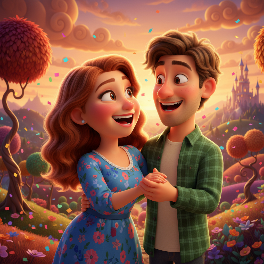 AI Pixar generator result showing a couple as 3D Pixar style animated movie characters sharing a happy moment with warm golden lighting