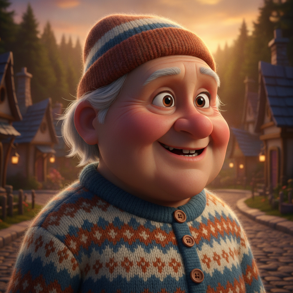 AI Pixar generator result showing an older person as a charming 3D Pixar style animated character with kind expressive eyes