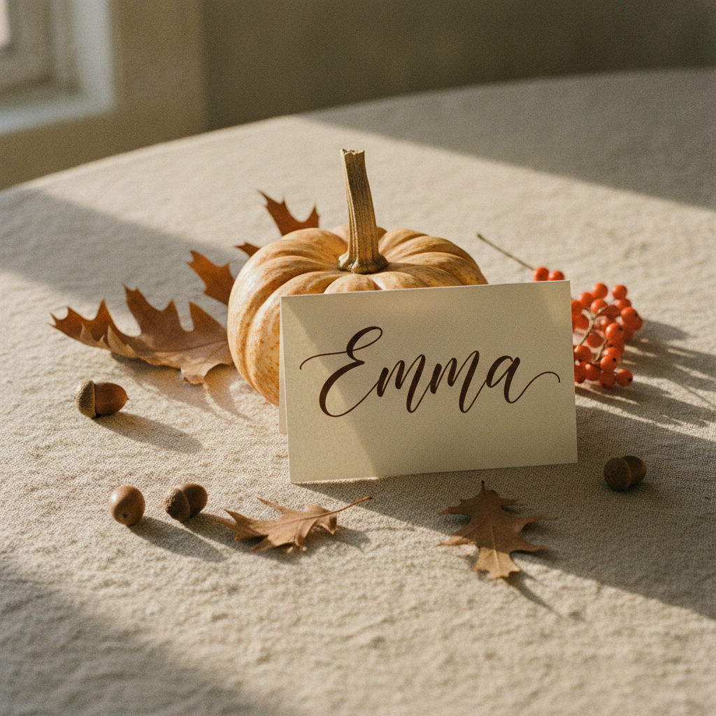Cream cotton-rag place card hand-lettered in brown calligraphy with the name Emma, leaning against a small pale heirloom pumpkin on an oatmeal slub linen Thanksgiving table scattered with dry oak leaves, acorns and orange bittersweet berries