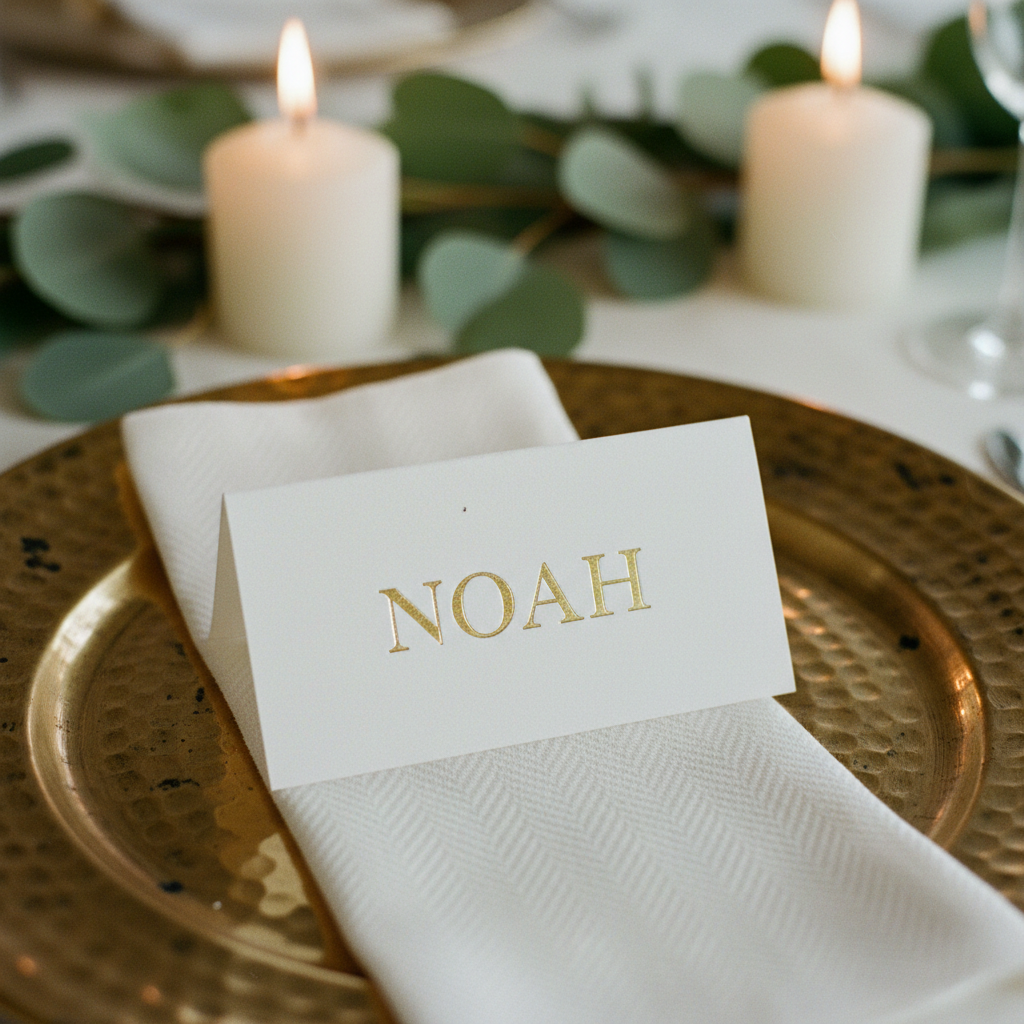 White place card with the name Noah stamped in gold foil serif, resting on a folded herringbone linen napkin on a hammered brass charger plate at a candlelit wedding reception table