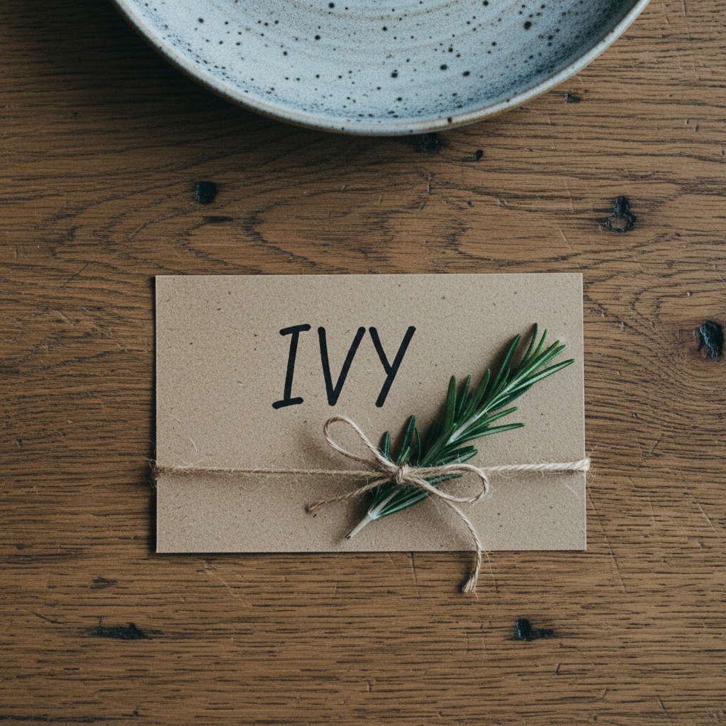 Kraft-brown place card hand-written in black ink with the name Ivy, a sprig of fresh rosemary tucked under a jute twine bow across it, lying on a heavily grained reclaimed oak farmhouse table below a speckled stoneware plate