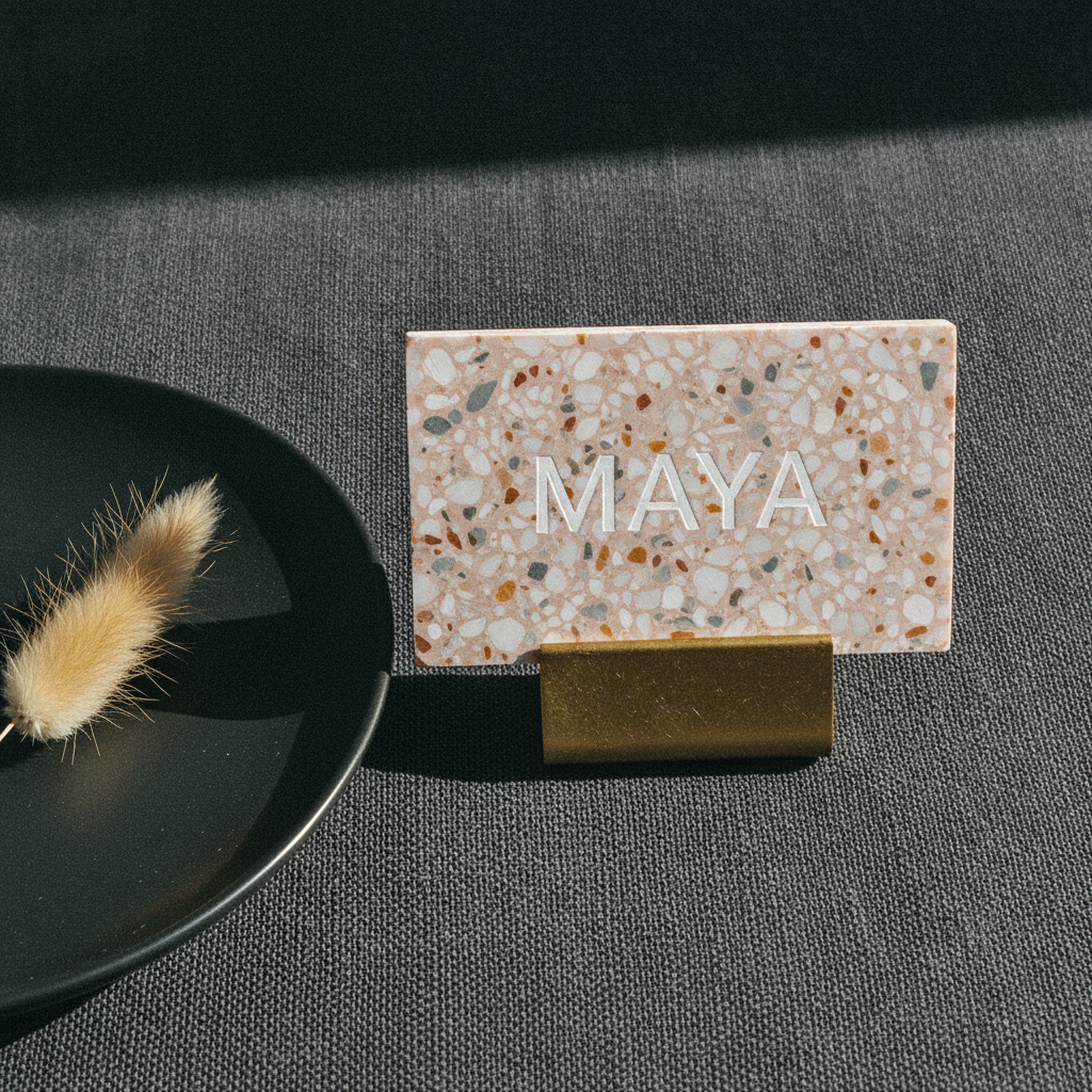 Pale pink terrazzo slab place card lettered with the name Maya in white sans-serif capitals, standing in a slim brass holder on a charcoal linen tablecloth beside a matte black plate holding a stem of dried bunny-tail grass