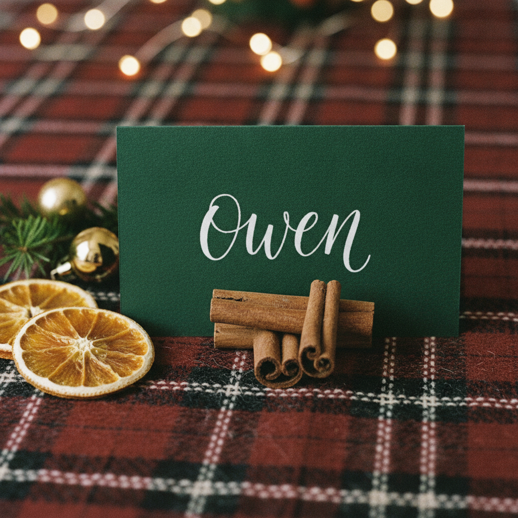 Deep forest-green place card hand-lettered in white script with the name Owen, standing behind a stack of cinnamon quills on a red tartan wool runner with dried orange slices, gold baubles and blurred fairy lights behind