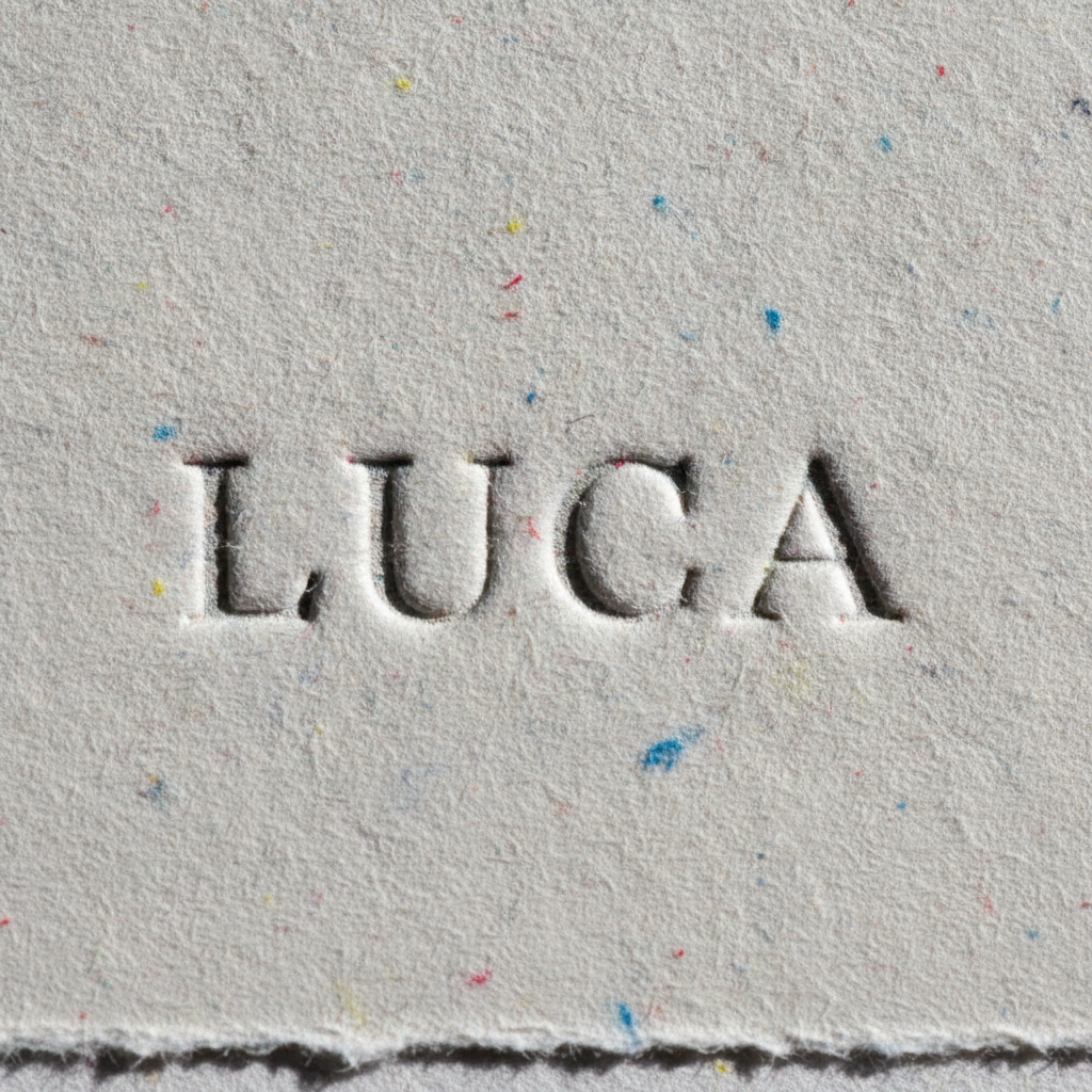 Extreme macro of a deep letterpress deboss of the name Luca pressed into thick cotton-rag paper, each letter a crisp valley rimmed with crushed fibre beside a torn deckled edge