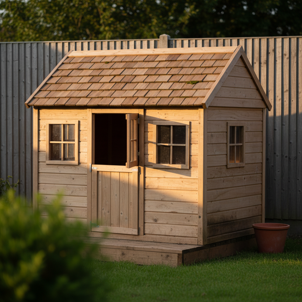 AI playhouse design generator result: a gable playhouse clad in lapped sawn boards under a split cedar shingle roof with moss in the courses, a stable door with the upper half swung open, four small paned windows instead of the two asked for, and one plain terracotta pot on the grass beside a close-boarded fence in low evening sun.