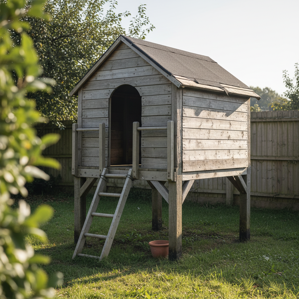 AI playhouse design generator result: a playhouse raised on four squared timber stilts in an orchard, walled in grey splintered reclaimed scaffold boards, with a felt roof torn away at one corner, an arched doorway, and a ladder with its rungs housed into two stringers leaning up to the raised floor in bright low morning sun.
