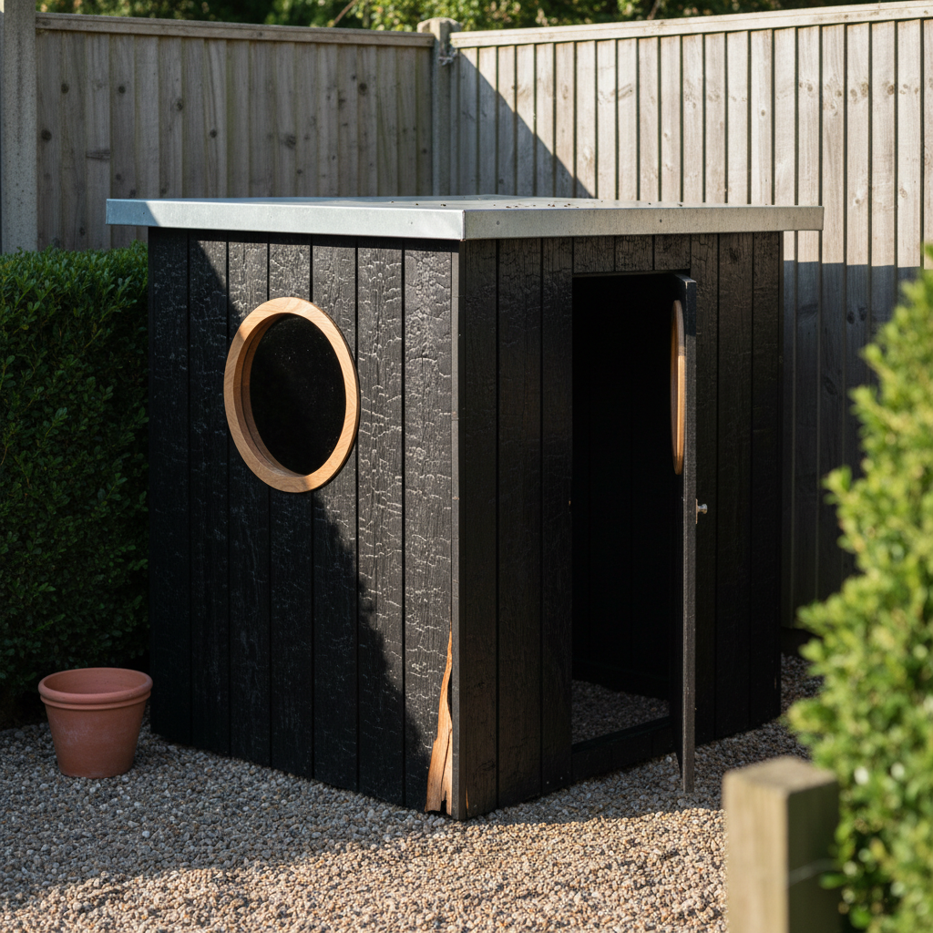 AI playhouse design generator result: a modern flat-roofed playhouse clad in charred larch cracked into black alligator scales with raw timber showing through, a true circular window lined with a ring of oiled oak, a folded zinc roof, and a door standing open, on a gravel terrace beside a clipped box hedge.