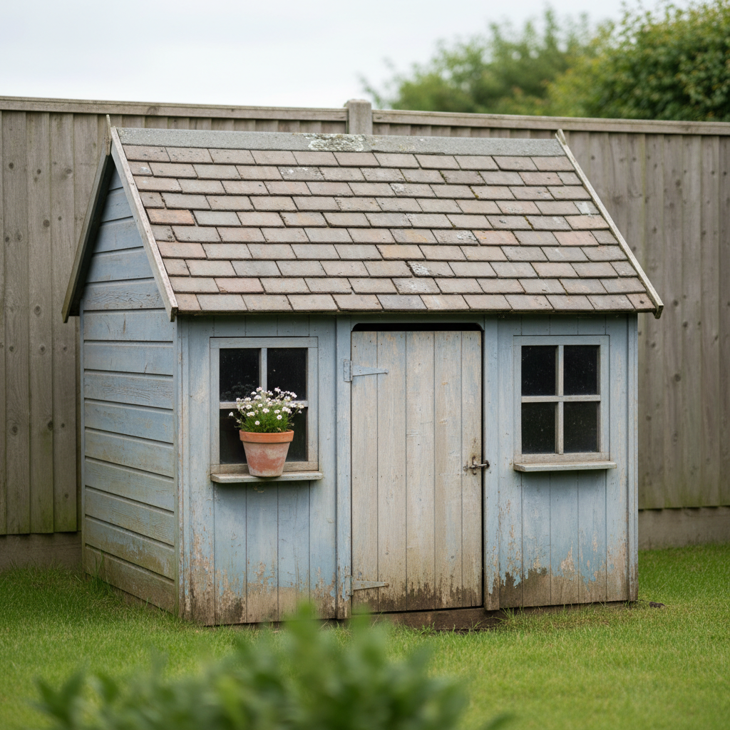 AI playhouse design generator result: a cottage playhouse whose old chalky blue paint survives only in the grain and has chipped back to bare timber along the bottom rail, under a clay tiled roof with lichen near the ridge, with exactly two six-paned windows either side of a central plank door and one terracotta pot of white flowers on the ledge.