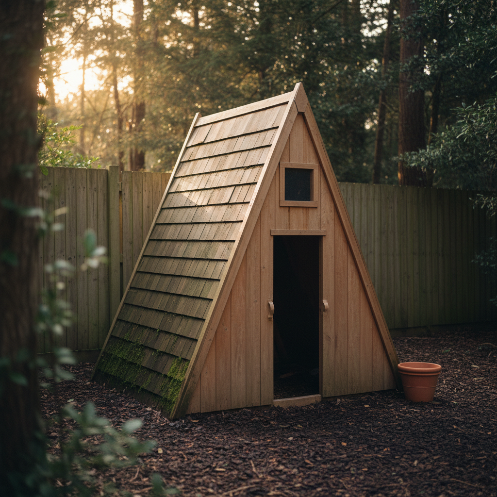 AI playhouse design generator result: a steep A-frame playhouse whose shingled roof slopes run all the way to the ground with moss along the bottom courses, a tall narrow doorway cut off-centre in the boarded gable and one small square window above it, standing on bark chippings at a woodland edge with low sun coming through the trunks behind.