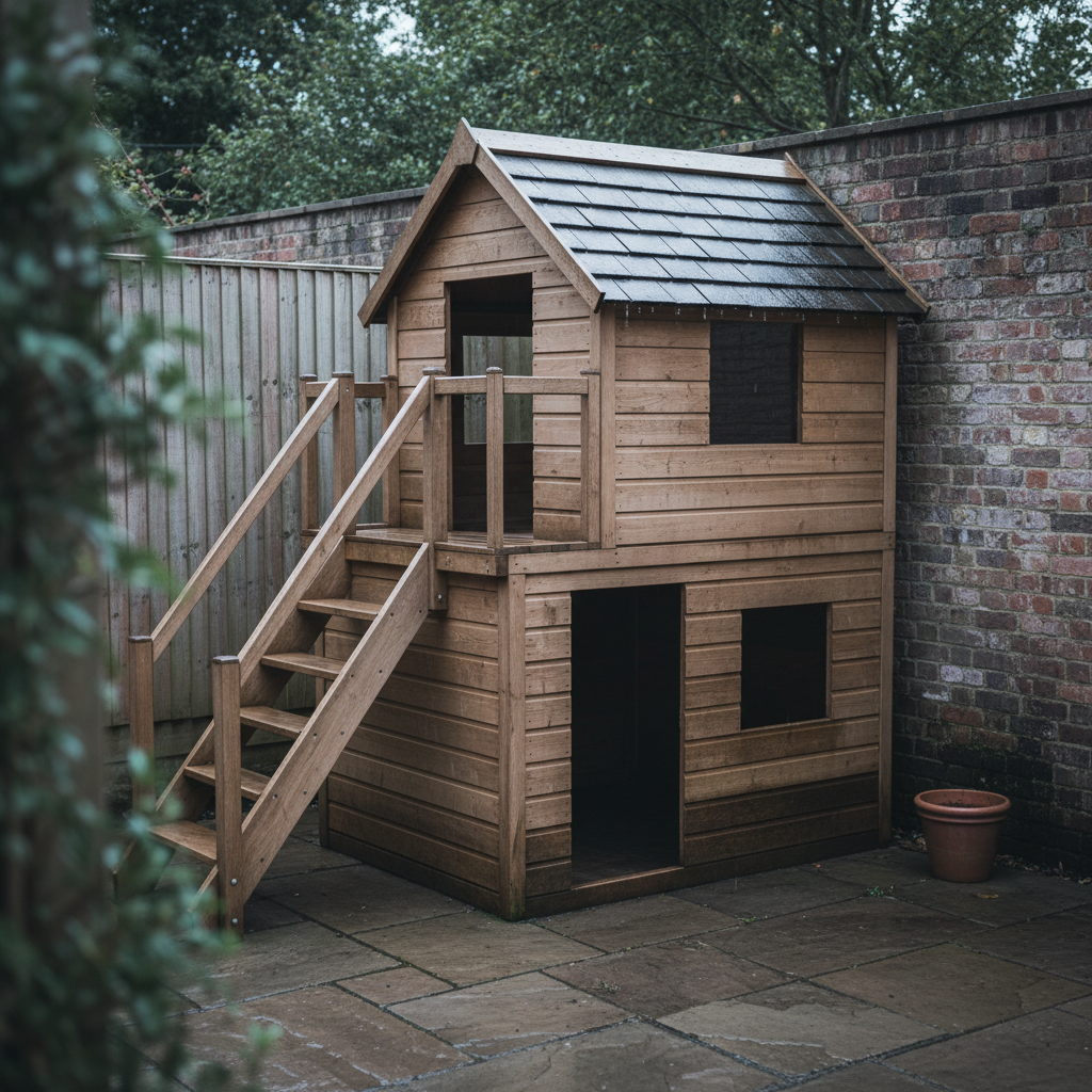 AI playhouse design generator result: a two-storey playhouse in rough sawn oak boards with the upper storey set back, a dark shingled roof wet after rain, and an outside stair with treads housed into two stringers and an unbroken handrail running up to a small landing, on a paved yard against an old brick garden wall.