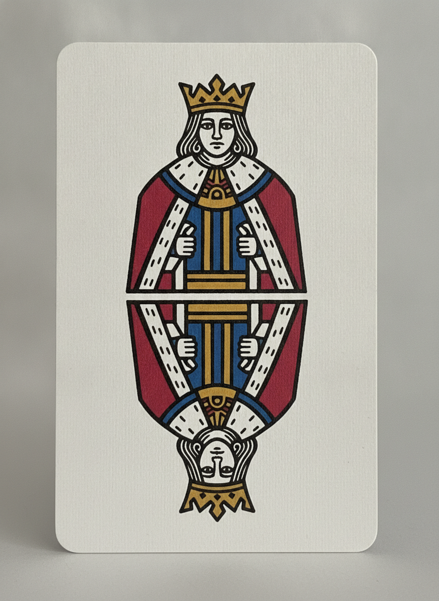 A court card drawn in flat woodblock style: a crowned figure in a crimson and ermine cloak over a blue and gold tunic, repeated upside down in the lower half and meeting at a thin centre divider, with all four corners deliberately left blank