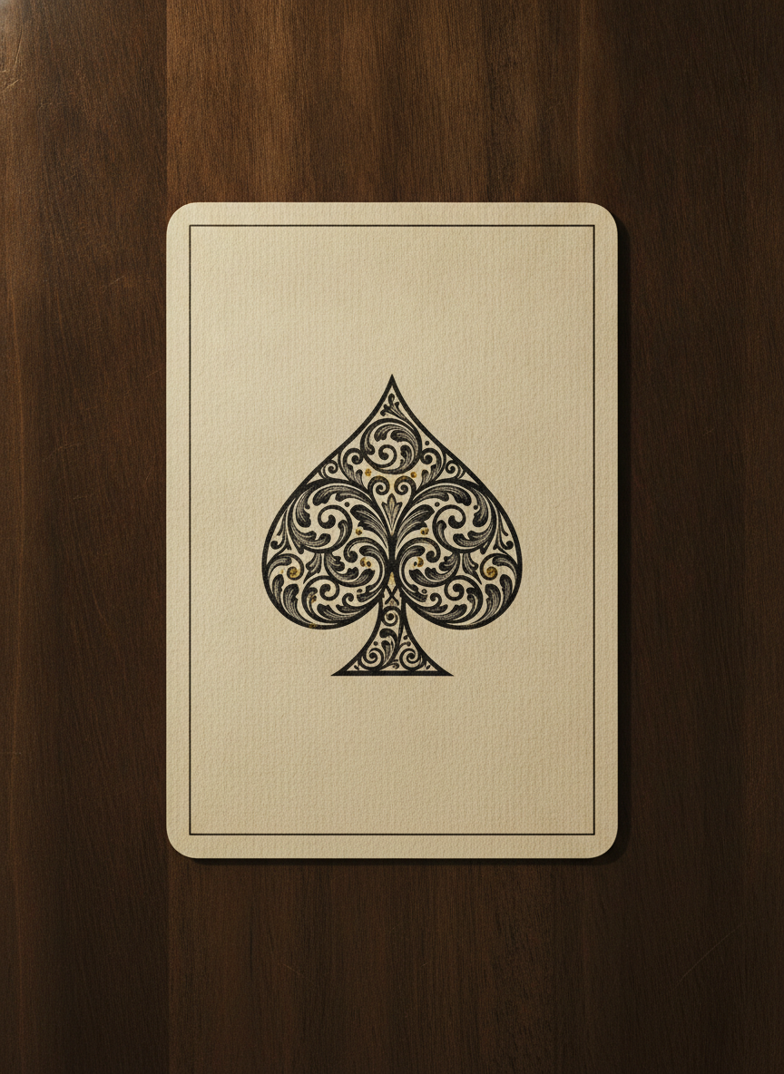 A feature ace lying on dark wood, one large spade centred on an otherwise empty cream face and filled with dense black scrollwork flecked with antique gold, inside a hairline black frame