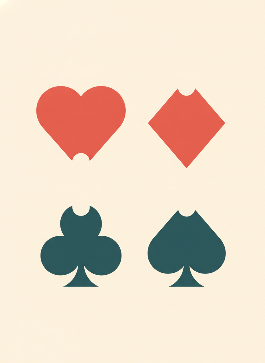 A custom suit set on cream: a coral heart and diamond above a deep teal club and spade, each redrawn as a thick silhouette with one small notch bitten out of it, the shapes that have to stay readable at six millimetres in a corner index