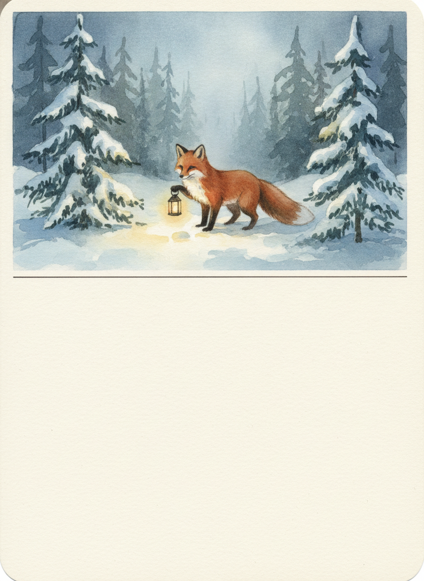 A full-art game card: a watercolour fox carrying a lantern through snowy pines fills the upper part of the card, a thin dark rule runs beneath it, and the entire lower half is left blank cream for rules text to be set later
