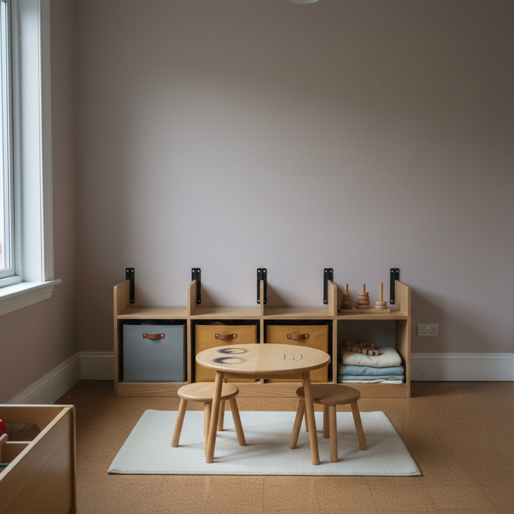 AI playroom design generator result: a clay-pink toddler playroom with a low pale oak cubby unit holding grey and ochre canvas bins with leather tab pulls, black steel straps bolted to the wall above it, and a round beech table with two stools on a cream rug over a cork floor.