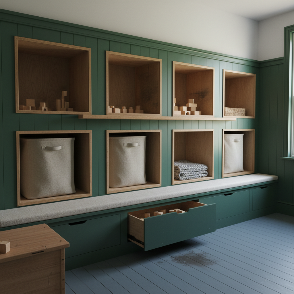 AI playroom design generator result: a forest green panelled storage wall with eight plywood-lined openings in two rows, an oak shelf let in between them, and a window seat below whose drawer is pulled half open to show wooden blocks inside.
