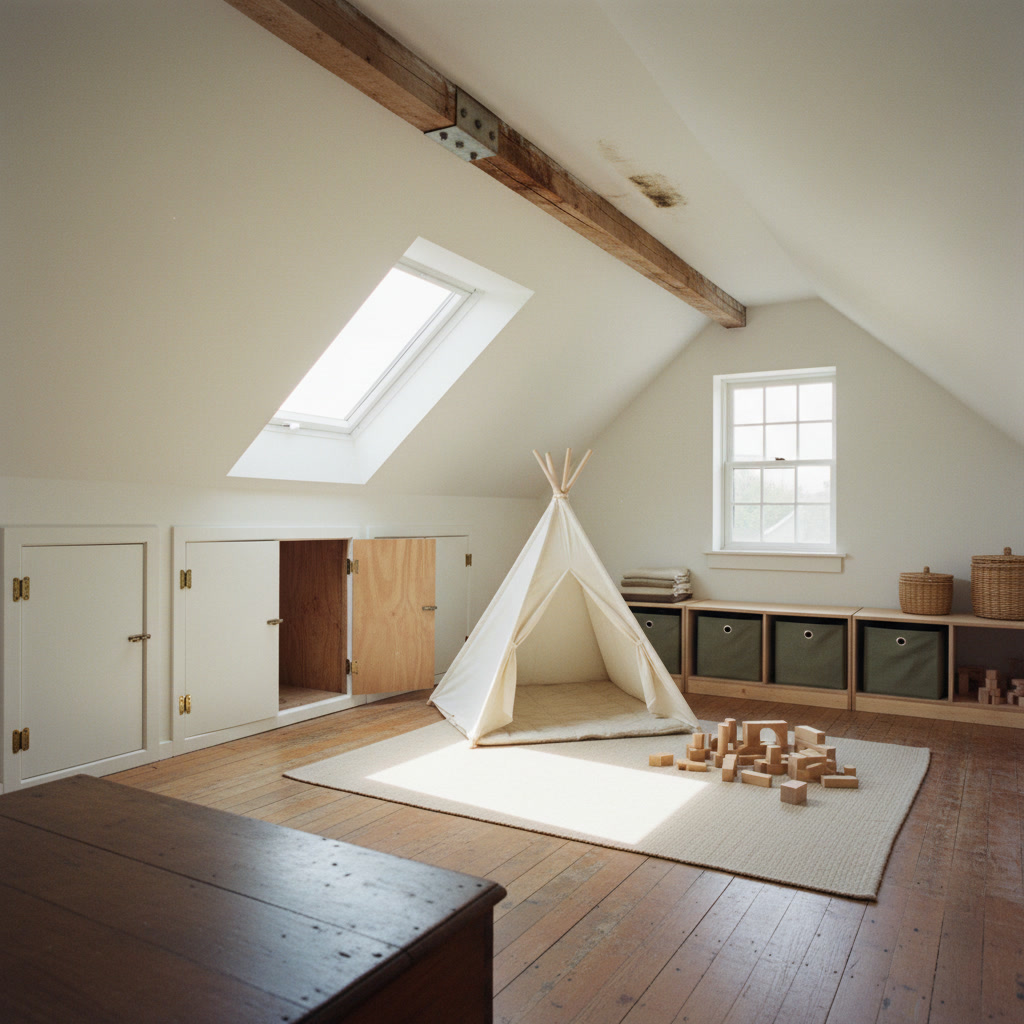 AI playroom design generator result: an attic playroom under a white sloping ceiling with an exposed ridge beam on a bolted steel plate, four painted knee-wall doors on brass butt hinges with one open onto a plywood-lined eaves void, a plain canvas play tent and loose wooden blocks on bare pine boards.
