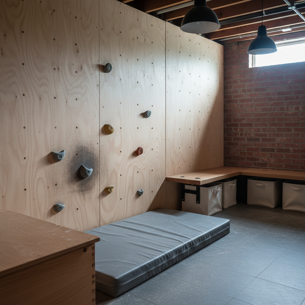 AI playroom design generator result: a basement playroom with a birch plywood climbing wall screwed to battens in a visible grid, resin climbing holds on hex bolts, a grey vinyl crash mat on rubber floor tiles, and an oak bench on black steel brackets with canvas bins under it against exposed brick.