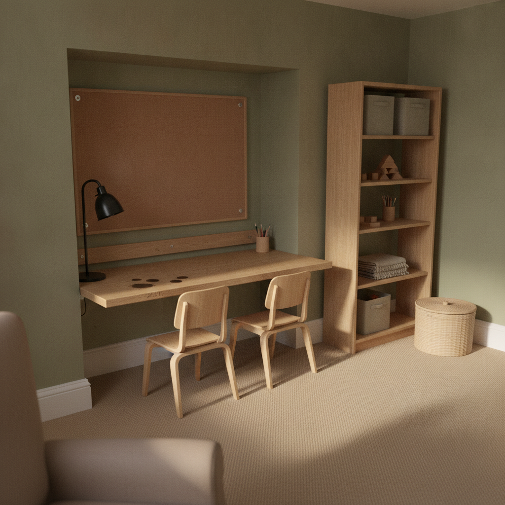 AI playroom design generator result: an olive green playroom with a solid oak homework desk housed into an alcove on a screwed cleat, two plywood chairs, a blank cork board on four dome-headed screws and a tall oak shelving unit holding canvas baskets and folded blankets.