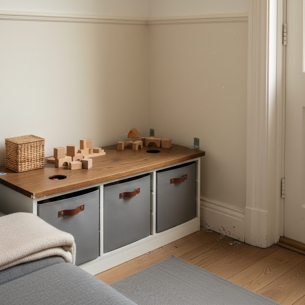 AI playroom design generator result: a play corner in a family living room with a knee-high white painted storage run under an oak top, three grey canvas bins with leather pulls, wooden blocks on top, and the back of a grey sofa cut off by the bottom edge of the frame.