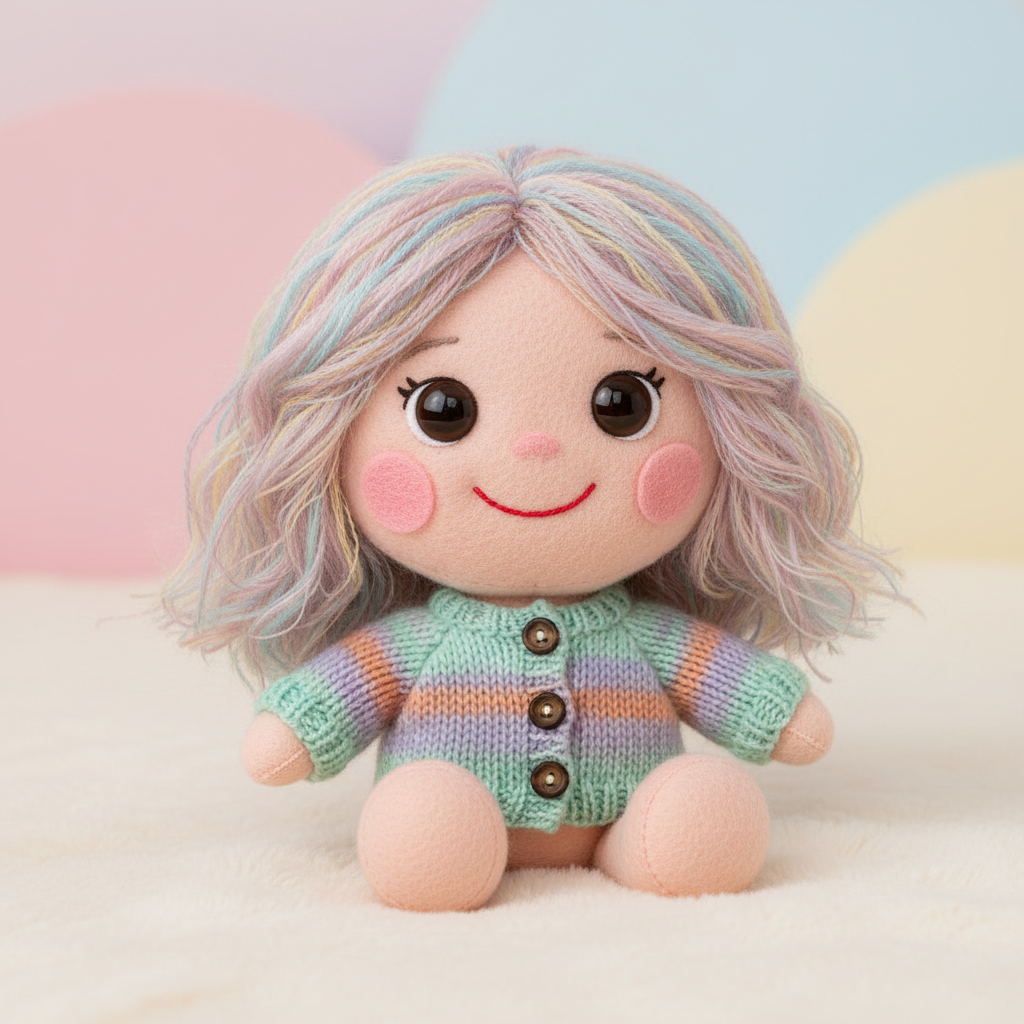 Adorable handmade plush toy of a smiling woman with soft yarn hair, button eyes, and a knitted sweater made by the AI plushie generator
