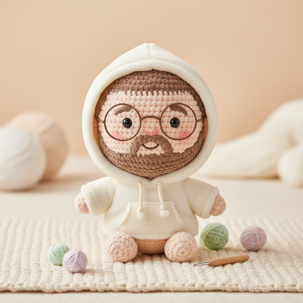 AI plushie generator result of a crochet-style plush toy of a bearded man in a tiny hoodie on a cream background