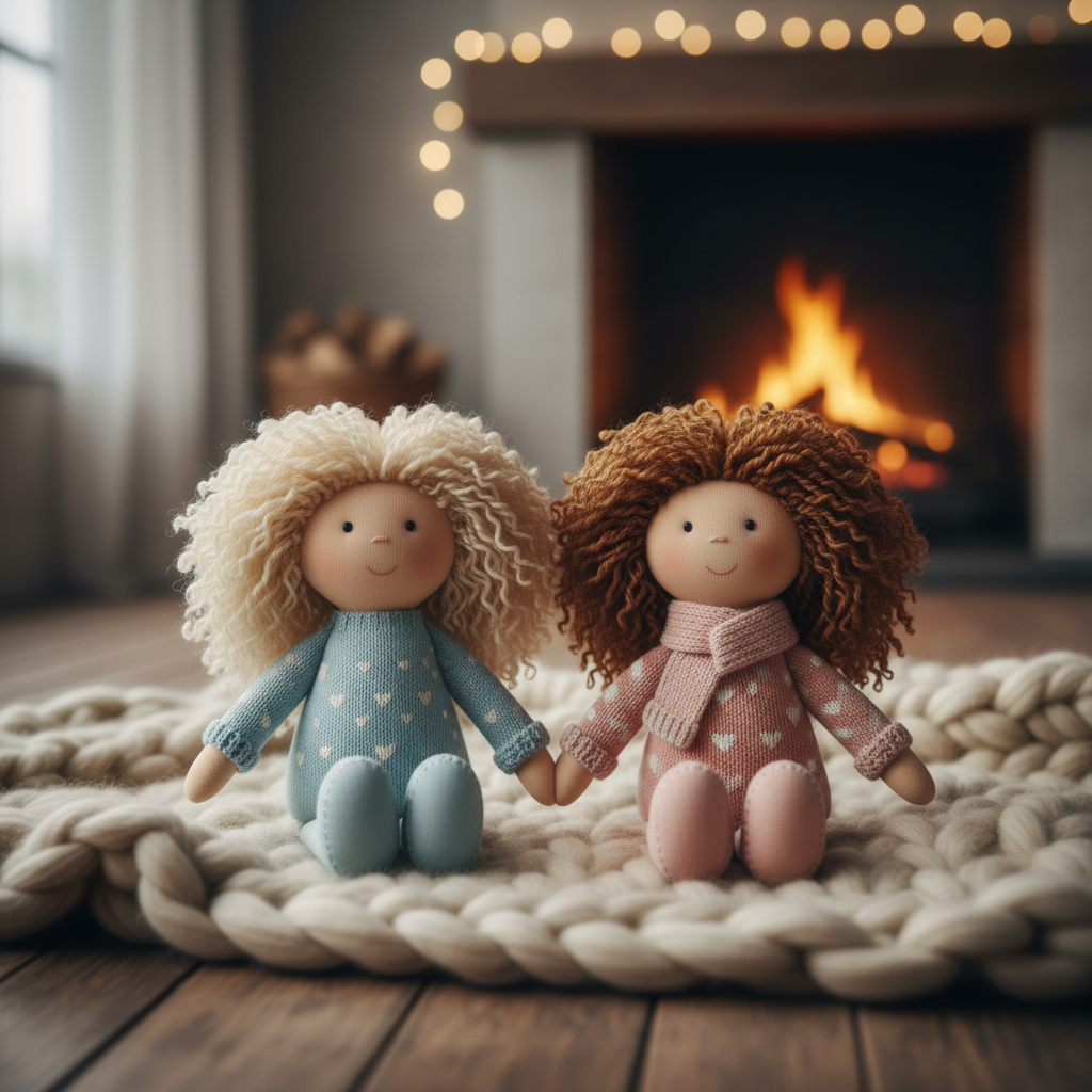 Two matching plush toy dolls of a couple holding hands with embroidered faces and yarn hair on a knitted blanket