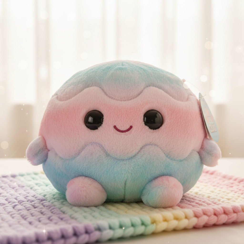 Kawaii fluffy round mascot plush toy with shiny button eyes and a stitched smile on a pastel blanket
