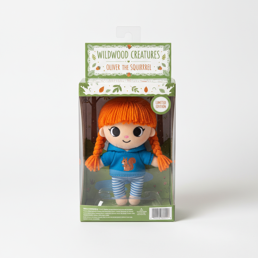 Collectible AI plush toy inside a clear display box with retail packaging mockup on a clean studio background