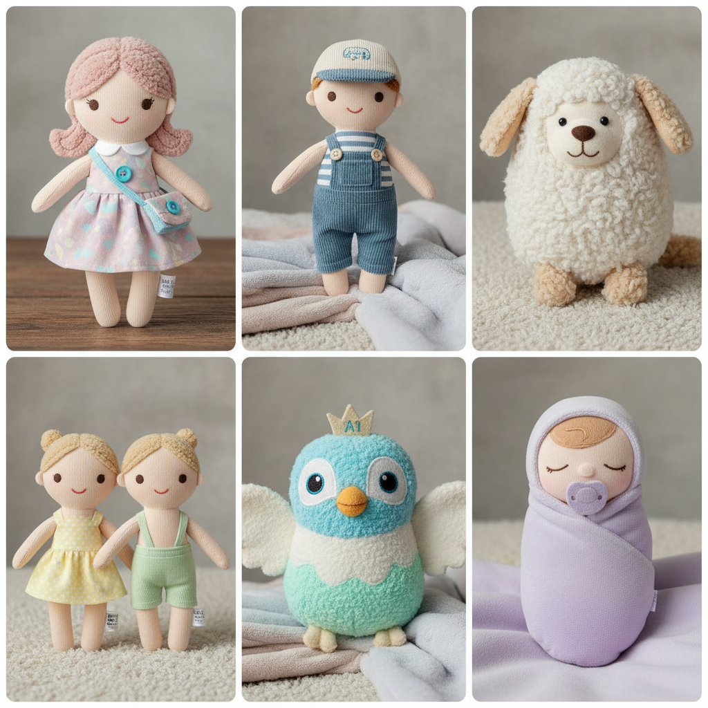 Gallery grid of six adorable AI plush toys in different styles including girl, boy, pet, and couple plushies