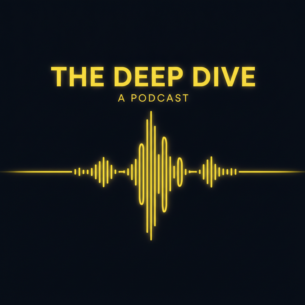 AI podcast cover generator output — square cover art with bold typography and a glowing yellow soundwave on a dark navy background, podcast cover generator result
