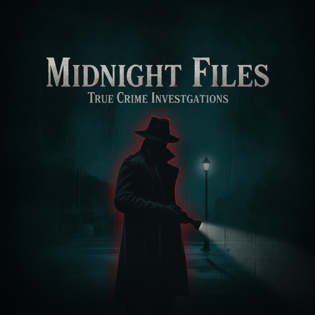 AI podcast cover generator output — moody true crime podcast cover with a shadowy silhouette and bold serif title, podcast cover art maker result