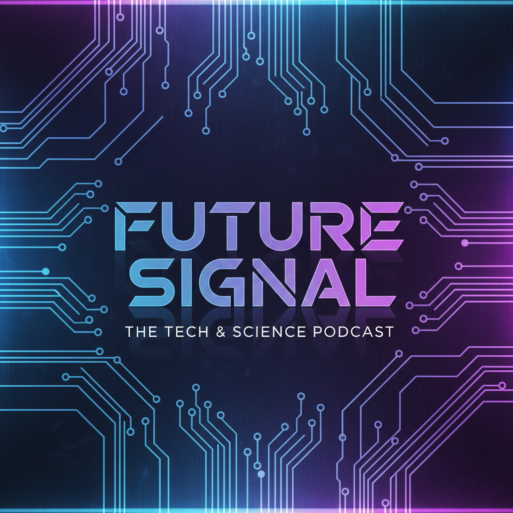 AI podcast cover generator output — futuristic tech podcast cover with a neon circuit pattern and bold geometric typography, podcast thumbnail generator result
