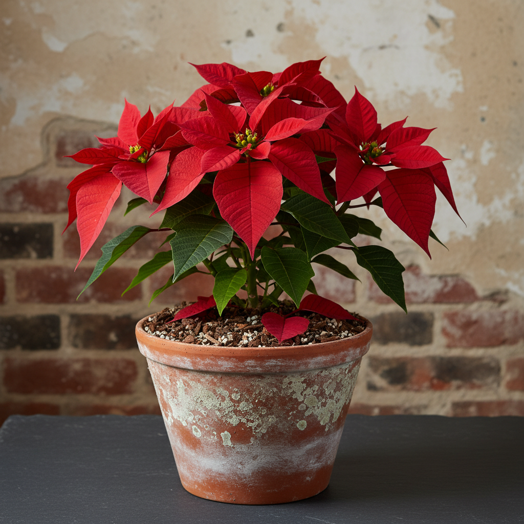 Full scarlet poinsettia in a weathered terracotta pot on dark slate, bract veining visible, against an out-of-focus plaster wall worn through to brick