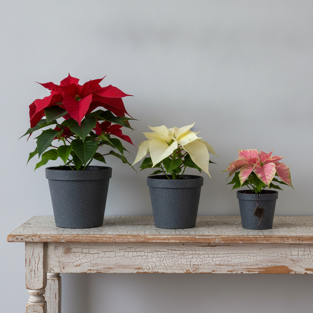 Three poinsettias in a straight row on a painted console table, graded largest to smallest: deep red, ivory white and pink marbled, in matte charcoal pots