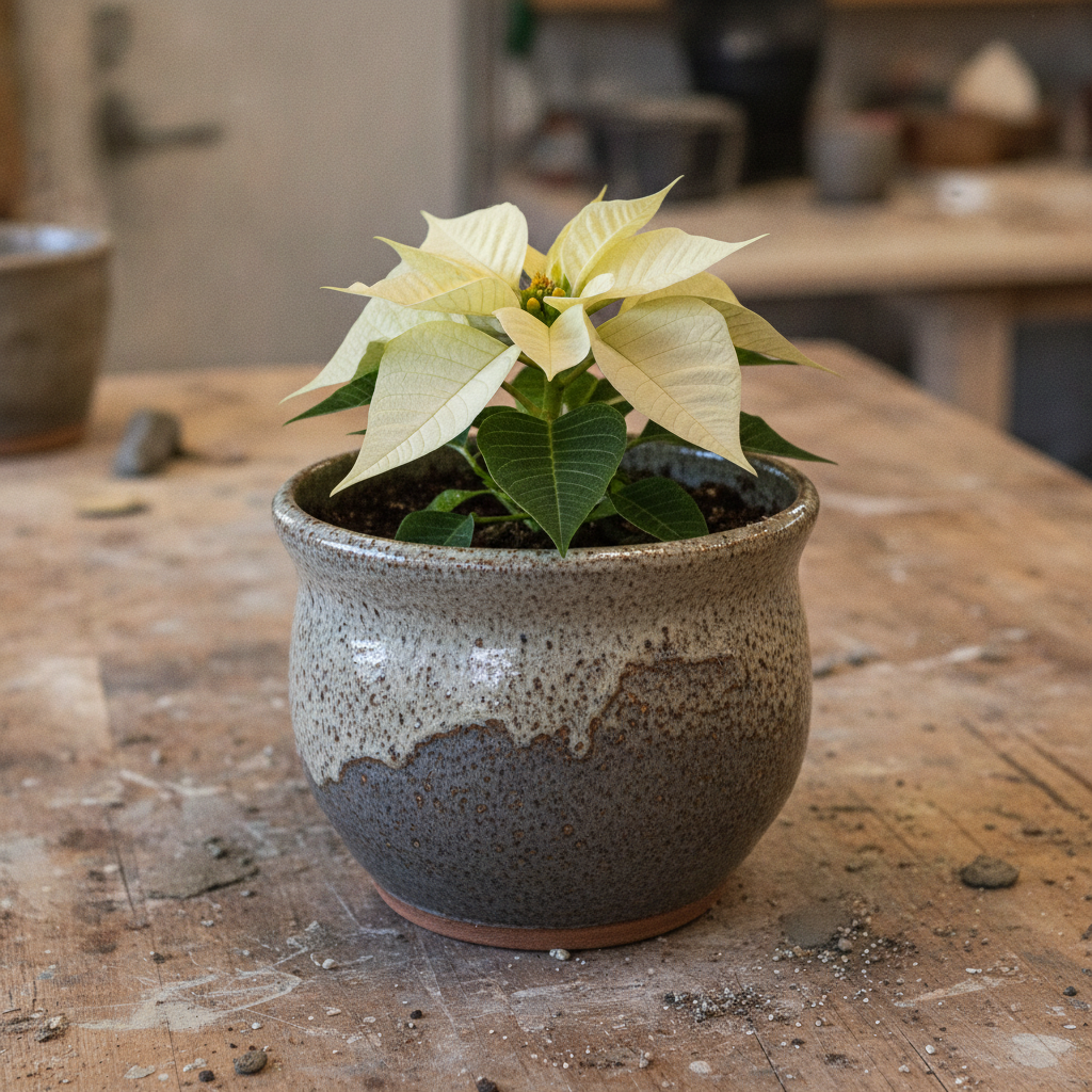 Creamy white poinsettia in a hand-thrown speckled stoneware cachepot on a potter’s workbench covered in tool marks and dried clay