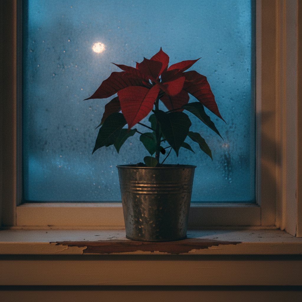 Red poinsettia in a galvanised pot on a peeling painted windowsill at dusk, the window behind beaded with condensation droplets under a low moon