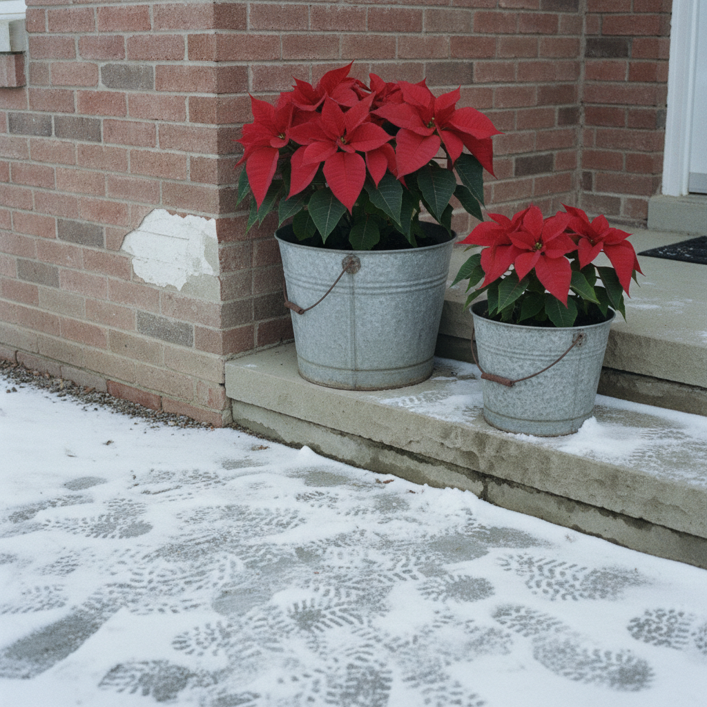 Two red poinsettias in battered galvanised buckets on snowy stone porch steps in front of a weathered red brick wall