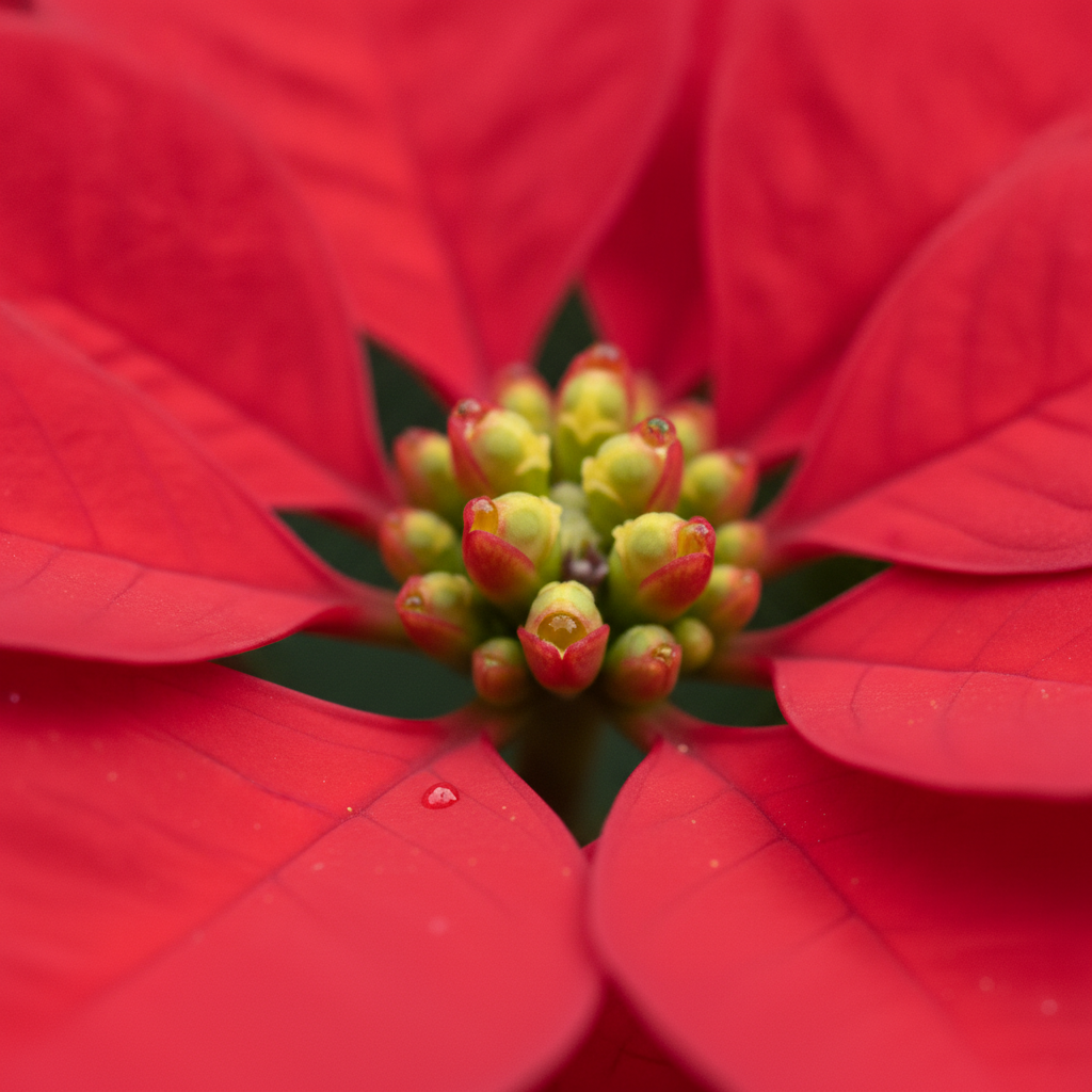 Macro photograph of the centre of a red poinsettia showing the tiny yellow-green cyathia flowers surrounded by veined scarlet bracts