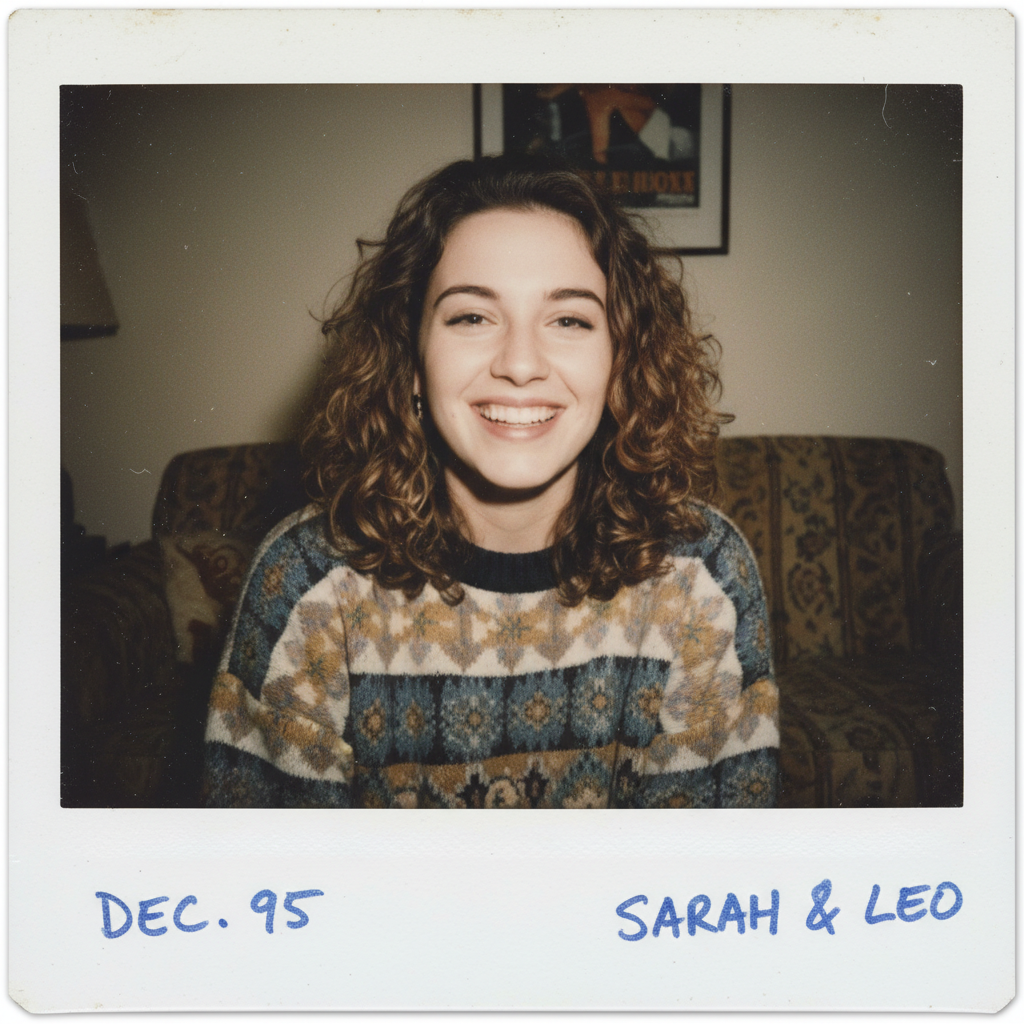 Vintage AI Polaroid photo of a smiling young woman with warm faded film tones and a white instant frame, made by the AI Polaroid generator