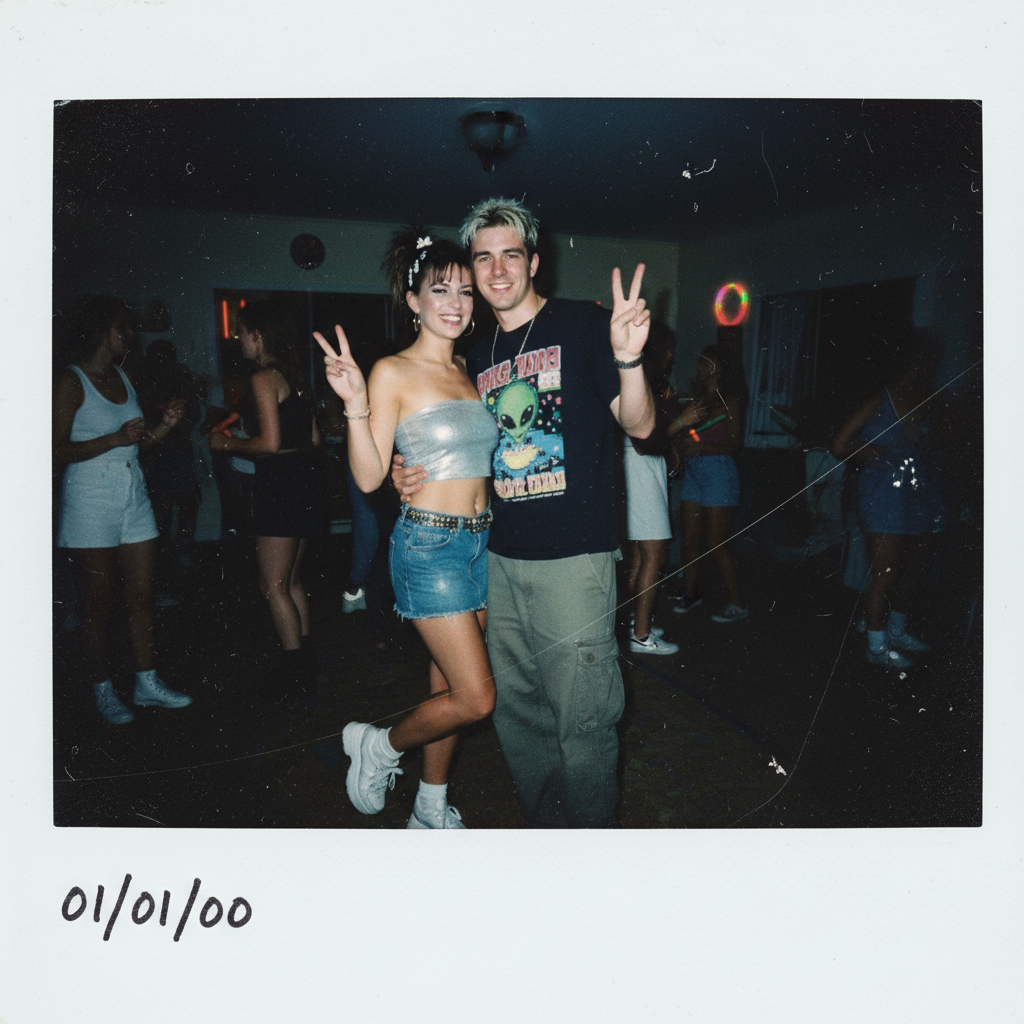 Y2K flash AI Polaroid of a stylish couple at a party with harsh direct flash and a white border, created by the AI Polaroid generator