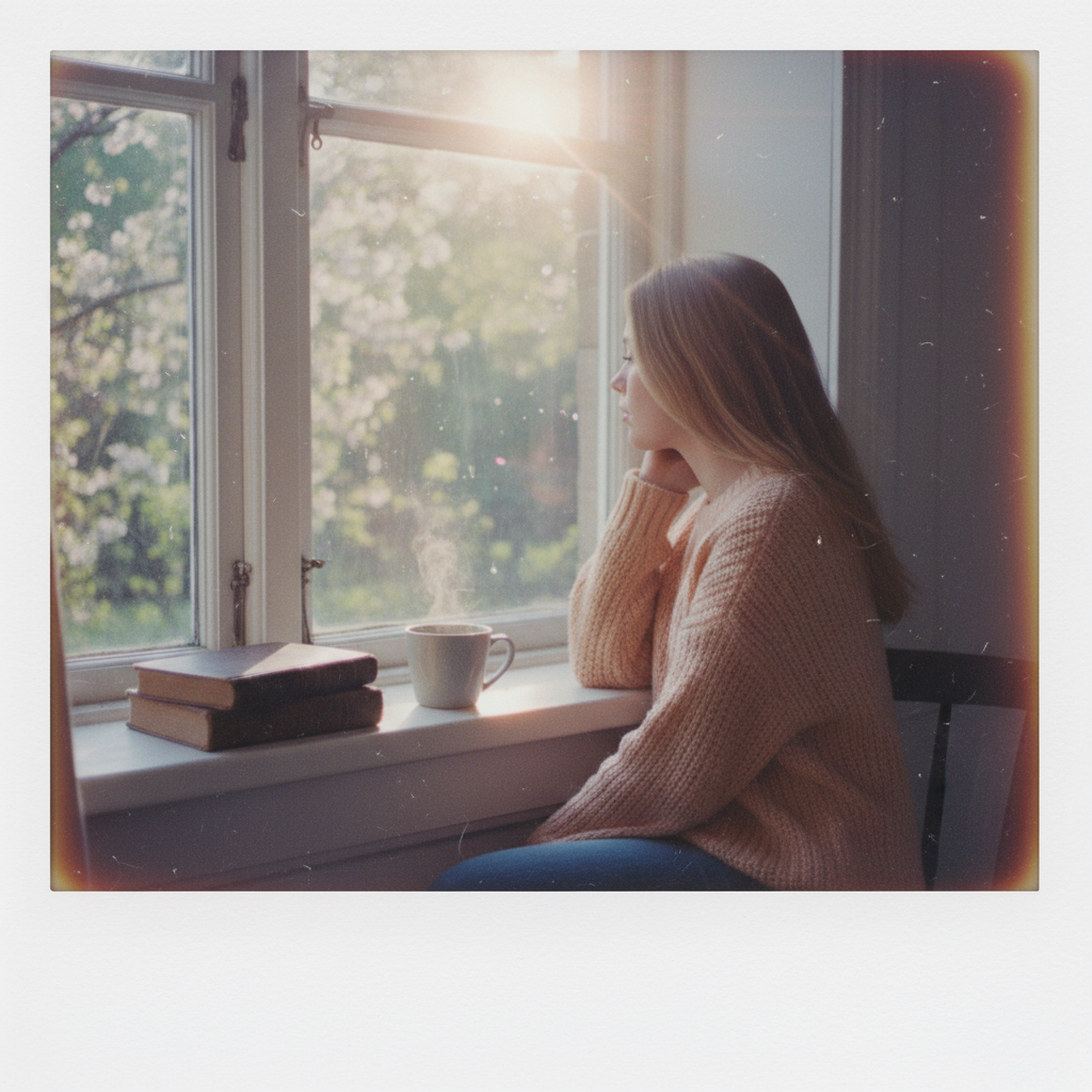 Dreamy aesthetic AI Polaroid of a girl by a sunlit window with soft pastel tones and light leaks in a white instant frame