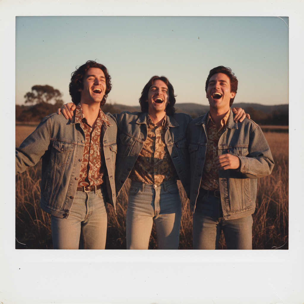 Retro AI Polaroid photo generator result of three friends laughing outdoors at golden hour with faded warm film colors