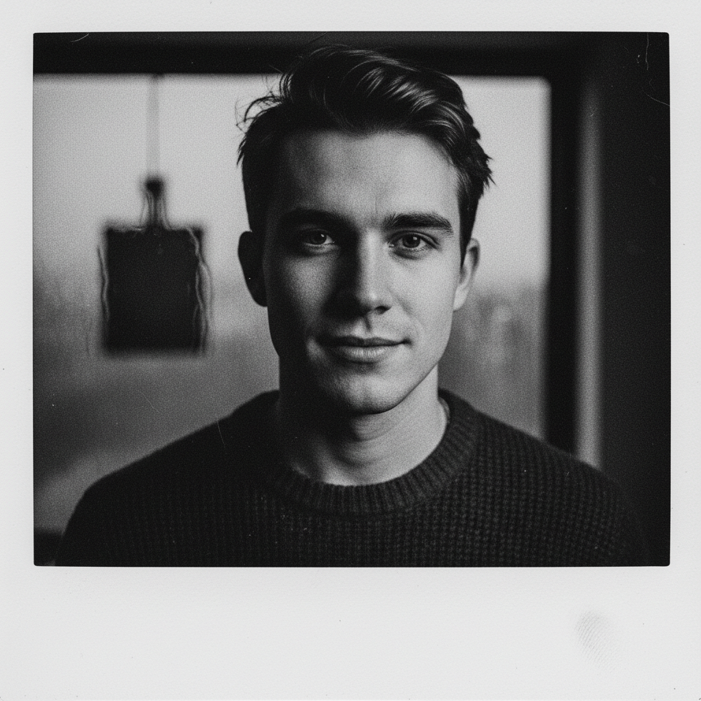 Moody black and white AI Polaroid portrait of a young man with rich film grain and a thick white instant border