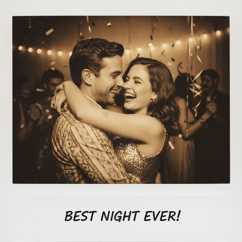 Candid AI Polaroid of a couple hugging and laughing with warm tones and an authentic instant film frame