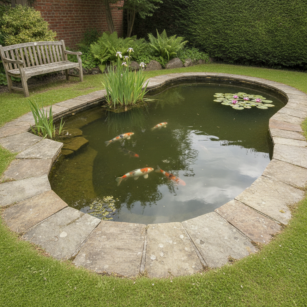 AI pond design generator result: a kidney-shaped koi pond edged all the way round with weathered buff and grey sandstone coping overhanging the water, five koi swimming below the surface, pink water lilies lying flat on the water, irises in the margin and a mown lawn running unbroken to the stone with a timber bench on the grass.