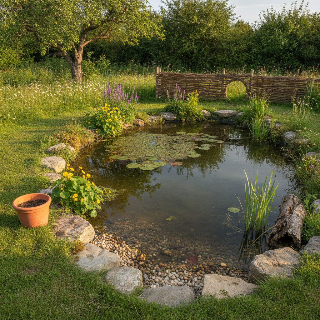 AI pond design generator result: an informal wildlife pond in evening light with a shallow pea gravel beach sloping down into the water, half-buried boulders, marsh marigold and purple loosestrife rooted at the waterline, a rotting log half submerged and meadow grass running up to the bank.