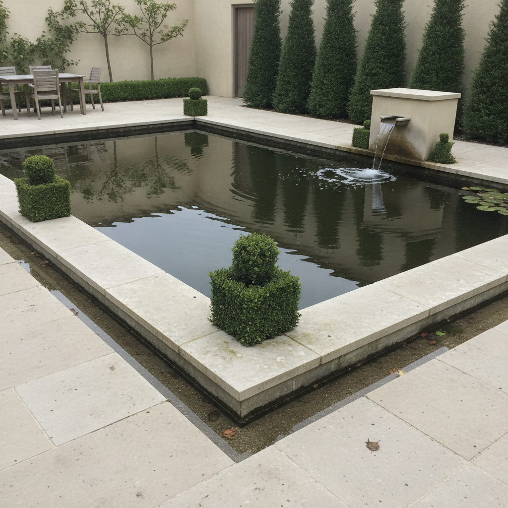AI pond design generator result: a formal rectangular reflecting pond set into pale limestone paving with square-edged coping overhanging the water, dark mirror-flat water holding the reflection of clipped yew columns, clipped box cubes at the edge and a stone spout falling into the surface.