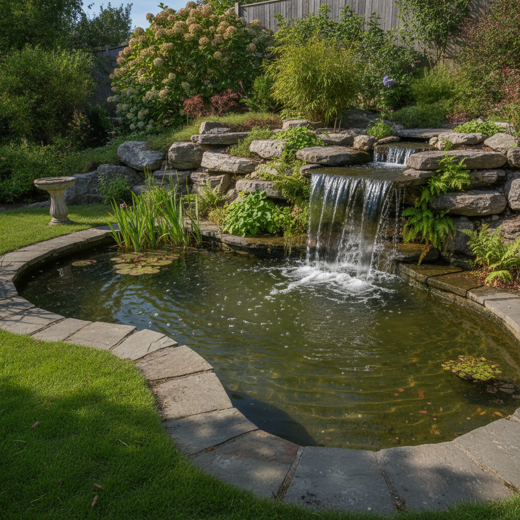 AI pond design generator result: a pond fed by a two-step rock waterfall falling as an unbroken sheet from a flat outlet stone into white water and ripple rings, with boulders, ferns and irises around the margin, a stone birdbath on the lawn and a timber fence behind.
